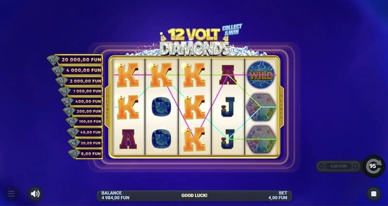 12 Volt Diamonds – hlavná herná obrazovka s mriežkou 5 × 4